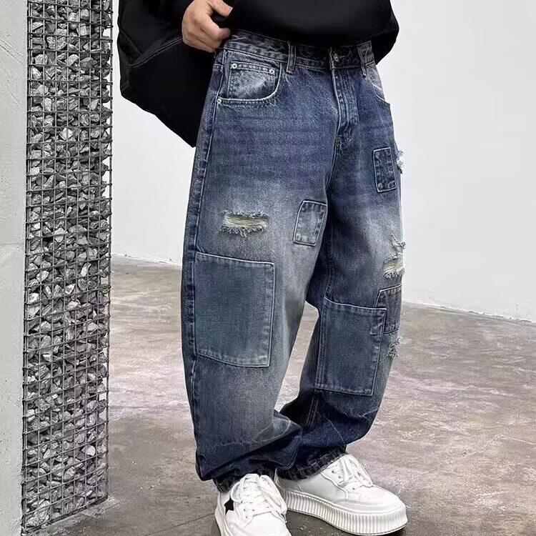 水洗复古高街破洞补丁闪电牛仔裤男宽松直筒长裤美式街头痞帅潮，男装牛仔裤，星座506A
