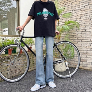 1506-1/KK9421/P42复古水洗蓝微喇叭牛仔裤男宽松直筒夏季垂感图片