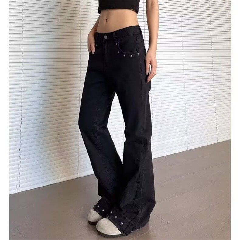 复古铆钉微喇牛仔裤男女小众美式cleanfit设计感休闲显瘦直筒长裤,男装牛仔裤,星座1210-1