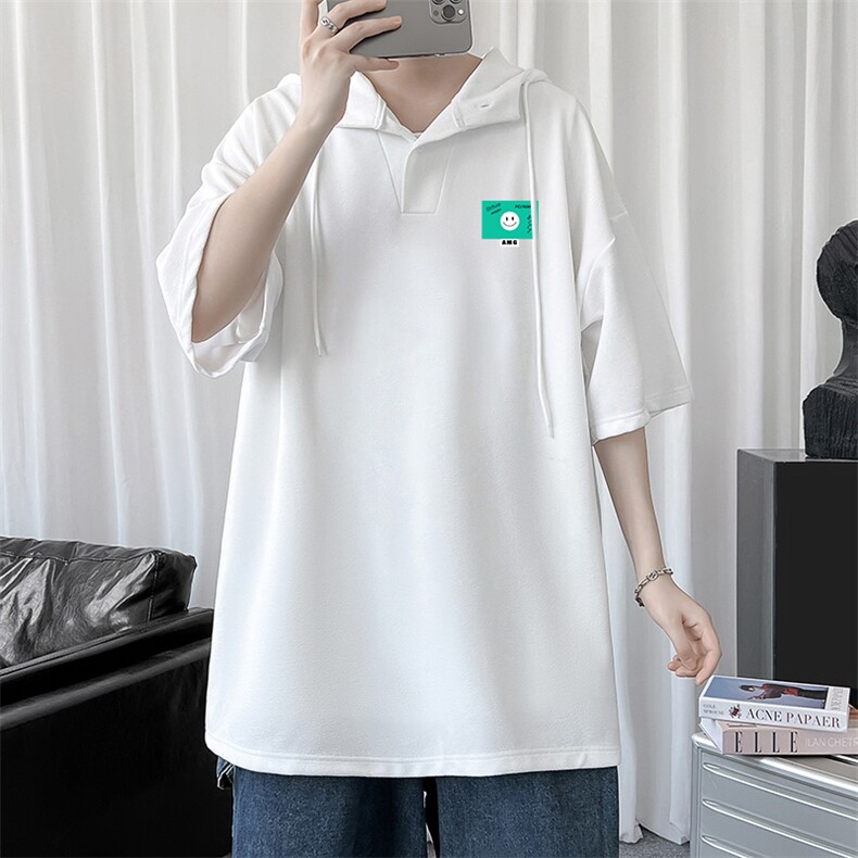 LD54264-P45 连帽短袖t恤男大码胖子带帽五分袖中袖图片