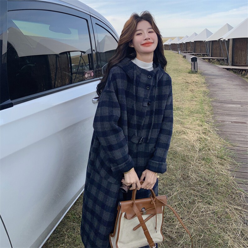 深蓝色复古格纹双面呢连帽大衣女2025秋学院风宽松休闲中长款外套,女装双面呢大衣,曼娅璐