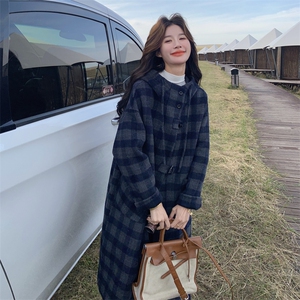 深蓝色复古格纹双面呢连帽大衣女2025秋学院风宽松休闲中长款外套图片
