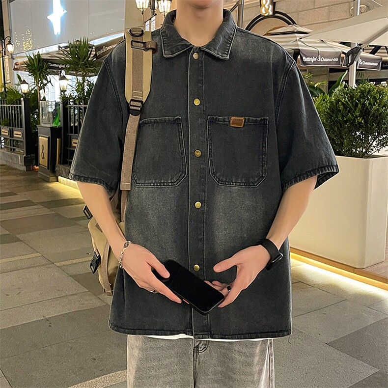 夏季水洗牛仔短袖衬衫男休闲同款宽松港风衬衣,男装衬衫,星座410-7