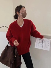 新款慵懒风软糯全V领针织衫毛衣女打底衫，女装针织衫/毛衣，半城羊绒