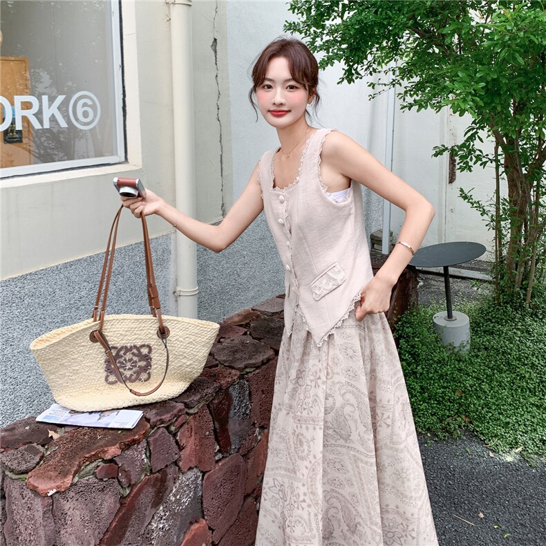 新款P195-K315小香风时尚气质高级感背心印花半身裙两件套,女装套装/套裙,网红馆