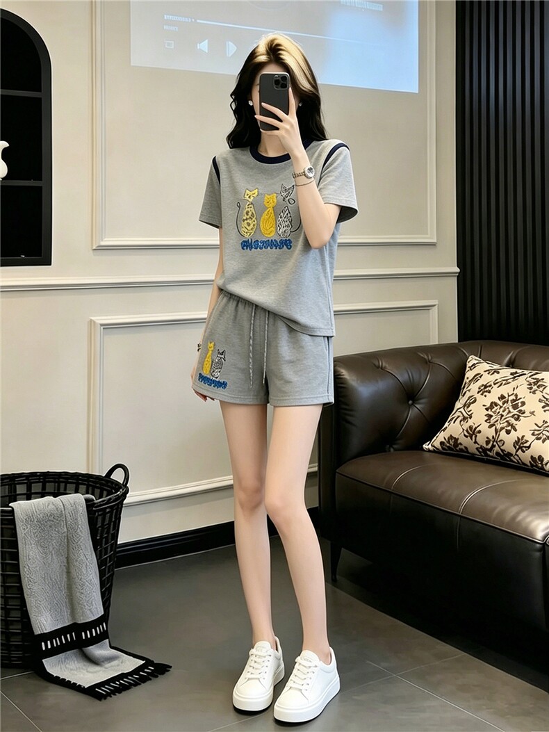 甜美时尚休闲套装女夏季新款显瘦圆领印花刺绣上衣阔腿短裤两件套,女装套装/套裙,江南