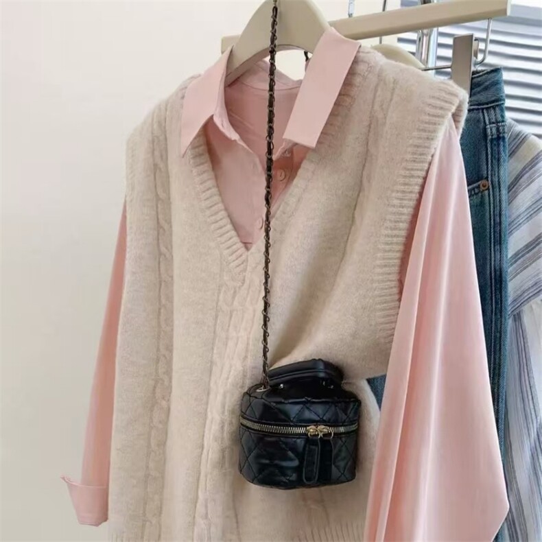 灰色V领针织毛衣背心春秋小个子衣叠穿上衣潮，女装针织衫/毛衣，锦瑟羊绒