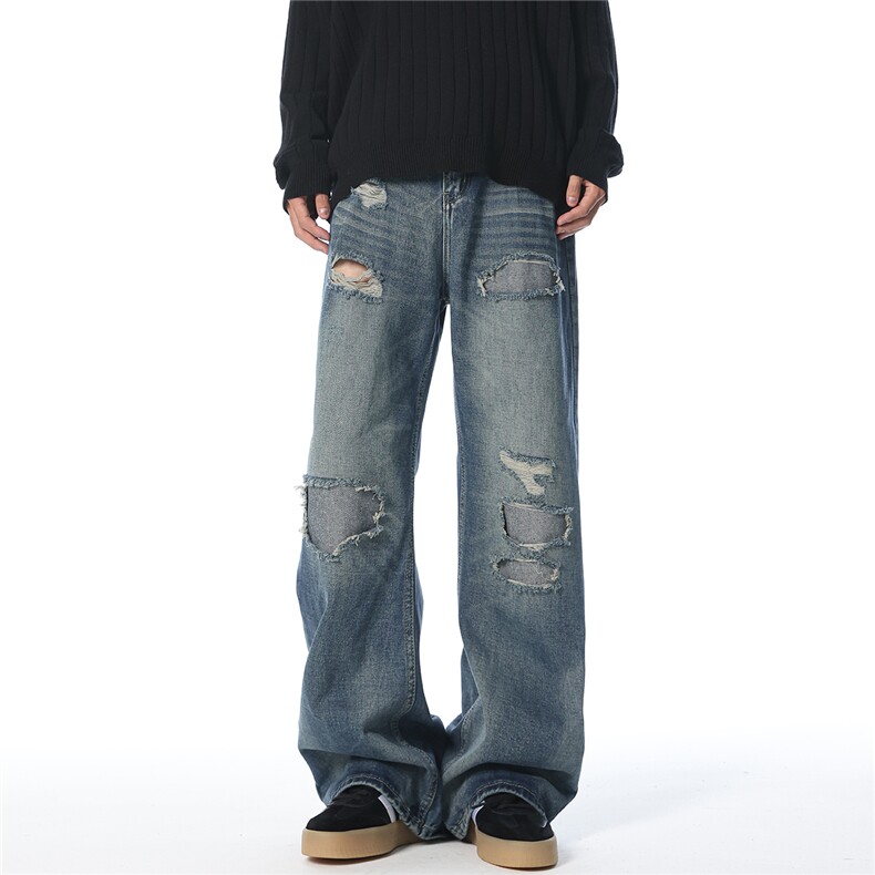 XZ1011-8516-P55控88宽松直筒破洞补丁牛仔裤，男装牛仔裤，星座B271