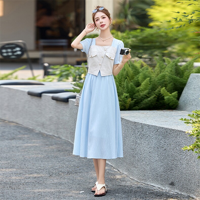 法式牛仔马甲拼接假两件连衣裙女2025夏季新款洋气减龄巨好看裙子,女装连衣裙,采品优优