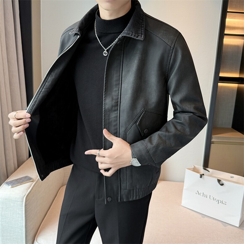 2025秋冬老钱风男士加绒皮衣翻领高品质短款风衣PY61-120图片