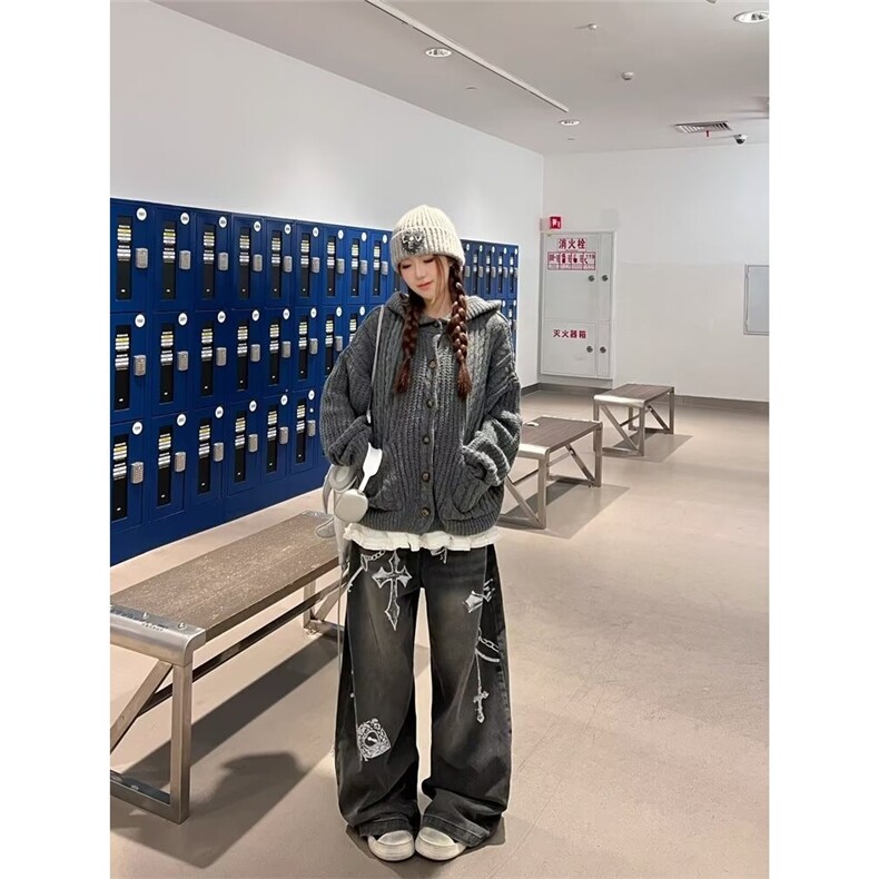 美式高街设计感闪电刺绣牛仔裤男女宽松直筒街头休闲裤NZ8016,男装牛仔裤,星座516A