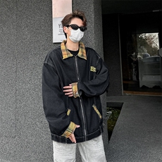 潮牌格子撞色翻领牛仔外套男女同款春秋季情侣夹克上衣JK03365，男装夹克，星座308B-1