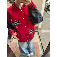 美式毛呢重磅撞色pu皮拼接夹克外套男秋冬情侣棒球服W6899-P65，男装夹克，星座412-3