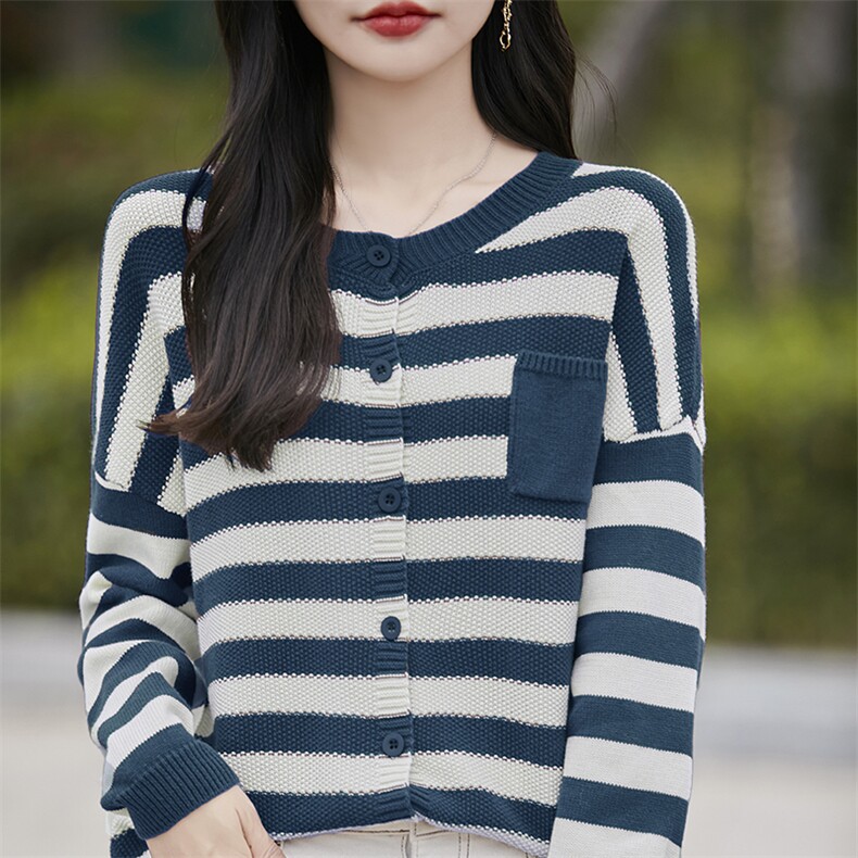 100%纯棉针织开衫女圆领条纹拼色加厚针织衫毛衣宽松带兜棉麻外套,针织衫/毛衣,斯美雅电商供货