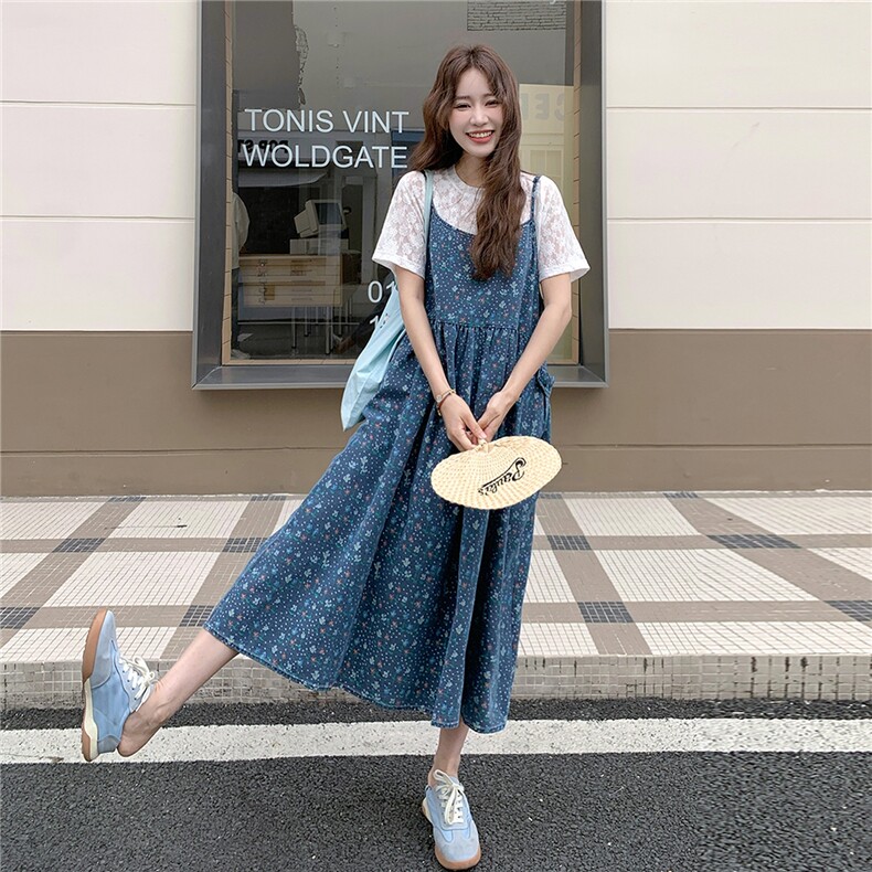 森系松弛感碎花牛仔吊带连衣裙套装女2025夏季新款蕾丝短袖两件套,女装套装/套裙,2C262
