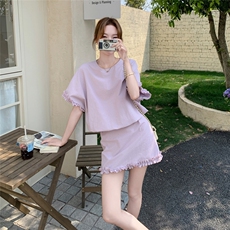 韩系高级感夏季套装女2025新款木耳边拼接收腰短袖上衣半身裙套装，女装套装/套裙，2C050