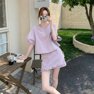 韩系高级感夏季套装女2025新款木耳边拼接收腰短袖上衣半身裙套装图片