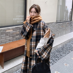 复古格纹休闲毛呢外套女秋冬超火好看高级小众中长款加厚呢子大衣图片