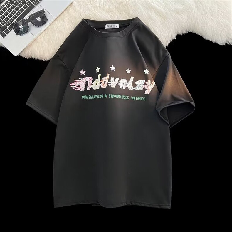 短袖设计感星星喷绘印花黑色T恤男潮牌纯棉情侣A349310B-1-P27,男装T恤,星座310B-1