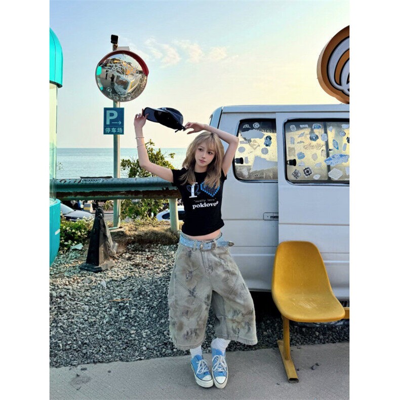 美式脏染阔腿牛仔七分裤男女夏季做旧废土风黄泥弯刀裤LD288-P52,男装牛仔裤,星座1008