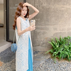 蕾丝绣花罩衫蓝色无袖连衣裙套装2025新款夏季小清新背心裙两件套，女装连衣裙，1D066-1