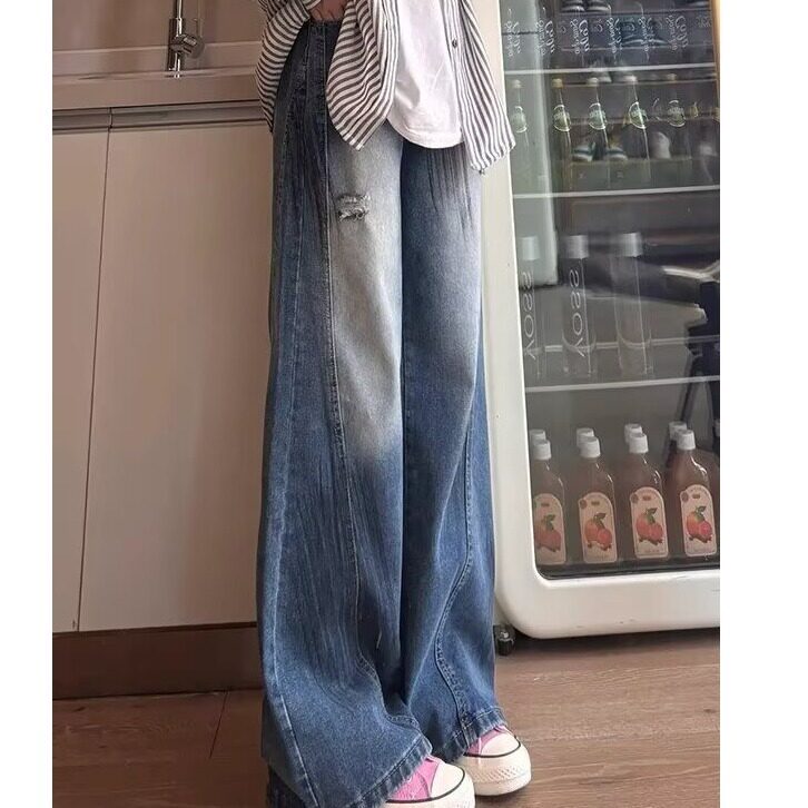 美式复古灰蓝色抓痕破洞牛仔裤轻奢小众炸街裤子ins高级感微喇裤,男装牛仔裤,星座506A