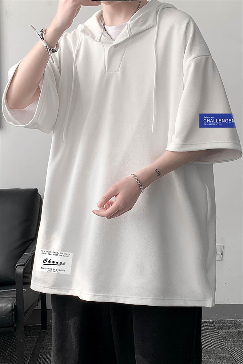 LD54062-P45连帽短袖t恤男大码胖子带帽五分袖中袖大皂风,男装T恤,电商A040