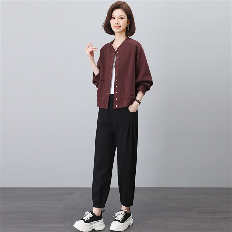 春秋新款时尚两件套装女休闲宽松棒球服开衫哈伦裤中老年妈妈装潮,女装套装/套裙,璐依舞