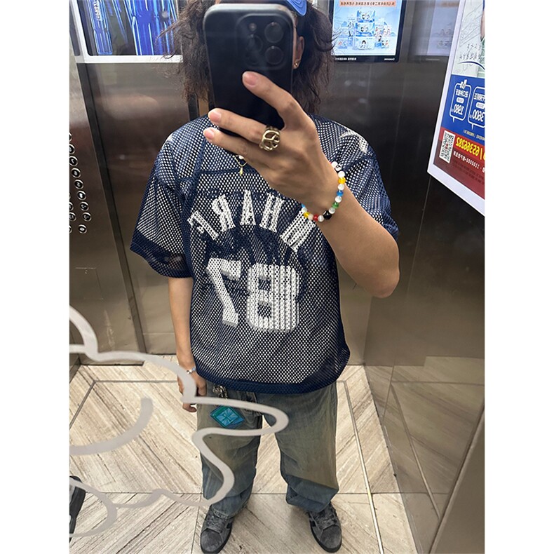 夏季藏青色87大网眼球衣美式街头复古印花球服短袖t恤男女夏季,男装T恤,四季星座505