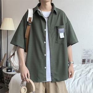 华夫格口袋衬衫夏季潮牌百搭休闲外套港风bf宽松短袖男 W3174-P32图片