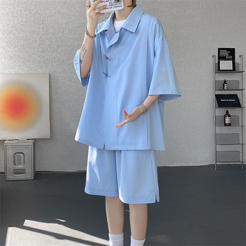 TZ785-特p55 控98 新中式风斜门襟飞机扣冰丝短袖衬衫大码套装图片
