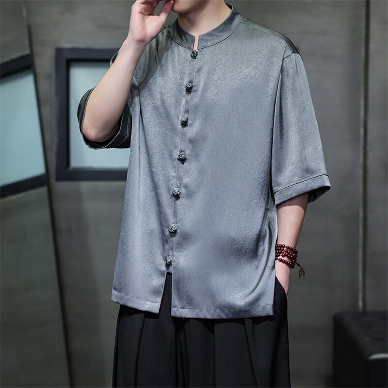 夏季新款缎面短袖衬衫男风新中式盘扣五分袖半袖大码CS888P65，男装衬衫，电商A021A