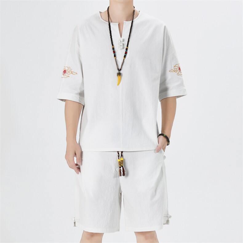夏季棉麻风男装盘扣复古刺绣套装短裤一套A266-1-TZ6986-P70，男装休闲套装，电商A266-1