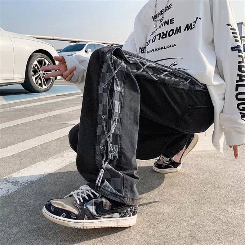 hiphop炸街裤子高街ins潮美式牛仔裤系绳男A91P48,男装牛仔裤,星座1116-2