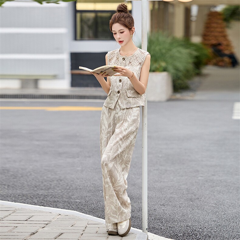 时尚镂空钩花马甲套装裤女2025夏季新款印花无袖西装阔腿裤两件套,女装套装/套裙,美沁