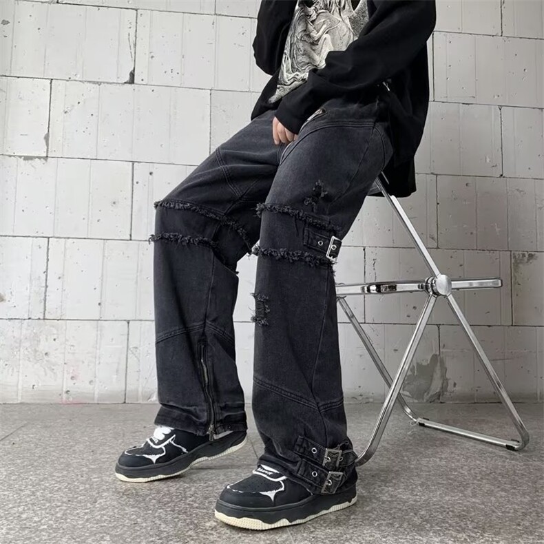 美式高街牛仔裤男韩版潮个性拉链2024秋冬新款ins长裤NK250-P78,男装牛仔裤,星座1109-3