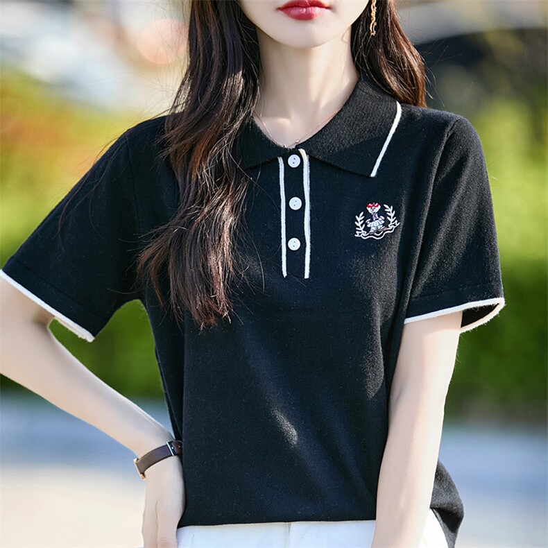 2025年夏季刺绣翻领POLO衫日常通勤穿搭五分袖，女装T恤，佰米娇羊绒