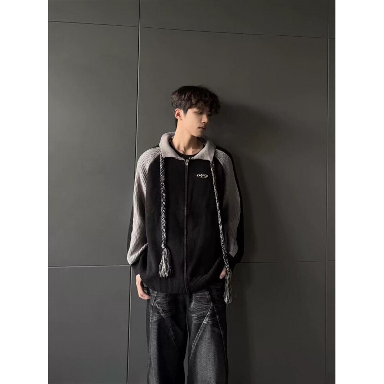 美式复古撞色条纹开衫毛衣外套男女宽松慵懒风情侣针织衫,男装针织衫/毛衣,星座506A