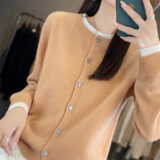 2025年夏季圆领宽松型开衫单件长袖单排开衫时尚百搭，女装羊毛衫，春贝羊绒