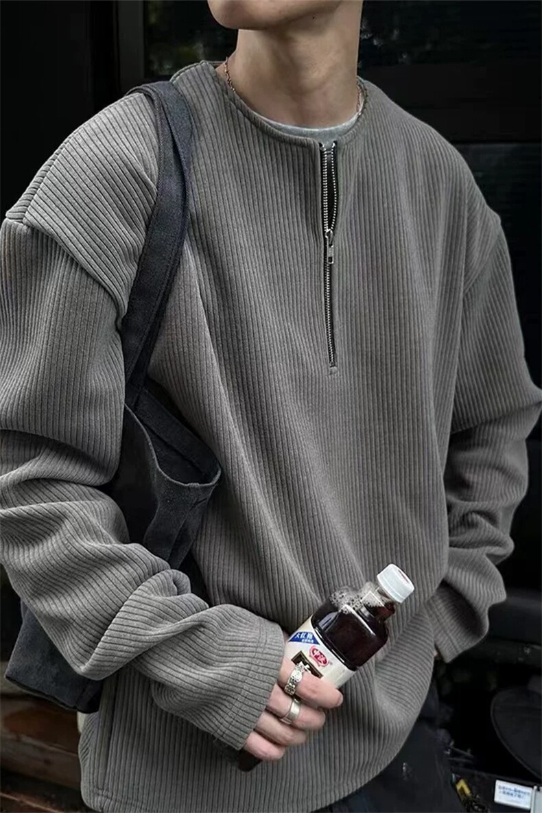 美式高街半拉链长袖T恤男款秋季潮牌条纹纹理感宽松大码内搭上衣,男装T恤,电商A001