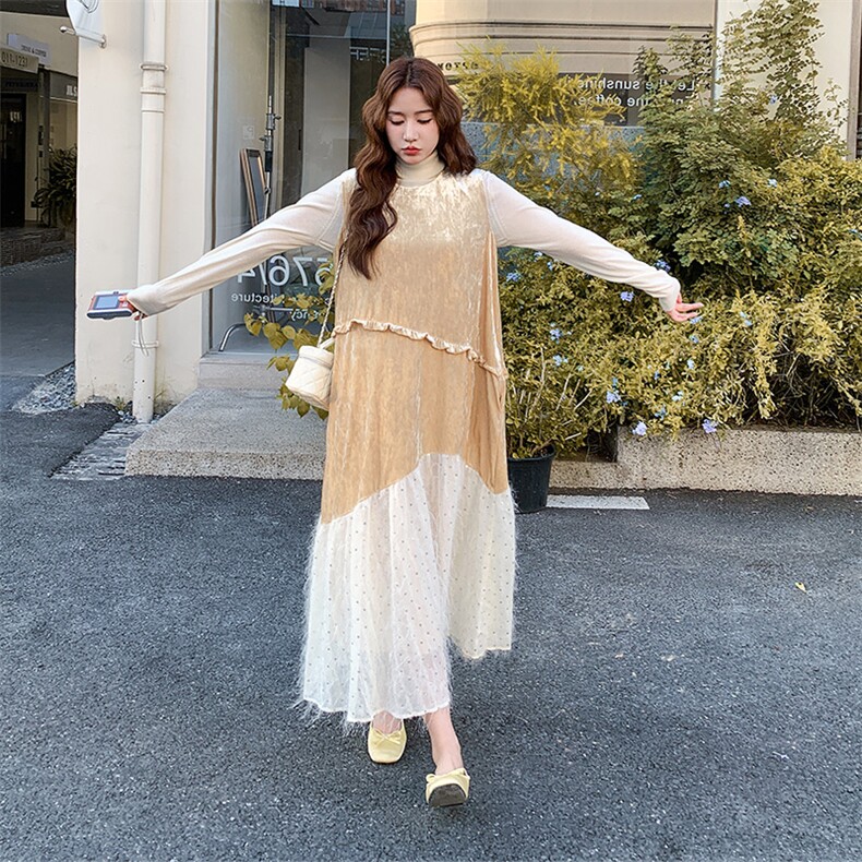文艺风穿搭白色丝绒背心裙女秋2025新款打底衫好看高级长裙两件套,女装连衣裙,2C123