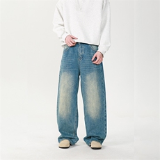 美式复古秋季男宽松直筒牛仔裤脚口磨破做旧水洗蓝牛仔裤，男装牛仔裤，星座216-1