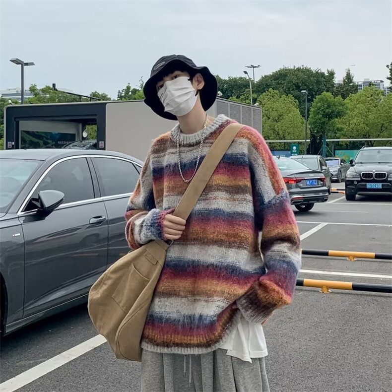 港风秋冬男针织衫圆领毛衣针织衫条纹拼色毛线衣外M7309-P65,男装针织衫/毛衣,星座1109-3