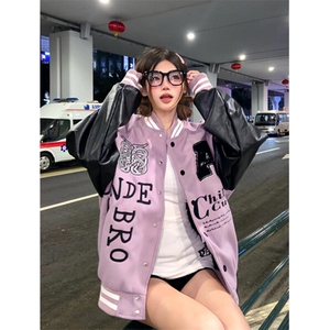 植绒刺绣棒球服外套男春秋高街pu皮拼接cleanfit飞行夹克 J6388图片