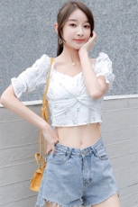 LaluneDuCiel纯棉法式复古木耳边碎花短袖女夏季修身一字肩上衣，女装蕾丝衫/雪纺衫，寒都衣屋