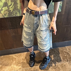 高街重破坏补丁猫须牛仔短裤男刮烂破洞潮夏季复古宽松五分裤男，男装牛仔裤，星座1013