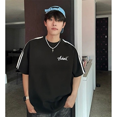 抖音得物高品质二开240克宽松纯棉美式潮牌三条杠织带短袖T恤，男装T恤，电商A486-1