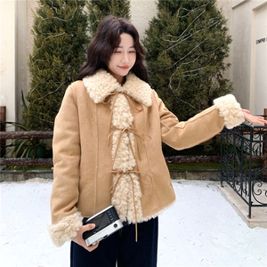 卡其色软糯羊羔毛外套女2025冬季日系蝴蝶结绑带皮毛一体保暖上衣图片