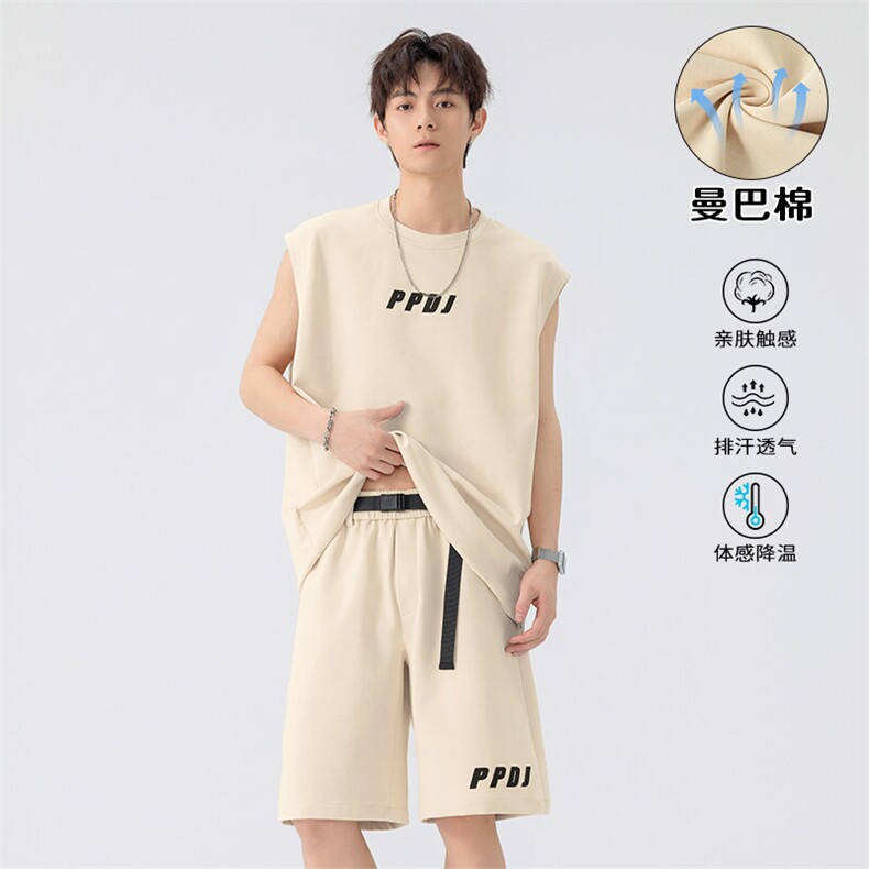 特批P65无差价夏季曼巴棉潮流无袖坎肩背心大码两件套装男TZ5356，男装休闲套装，电商A001-1