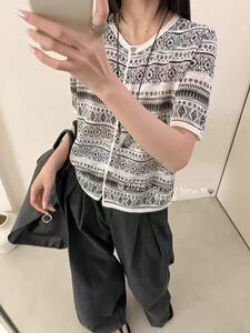 精纺羊毛费尔岛提花卷边开衫短袖图片